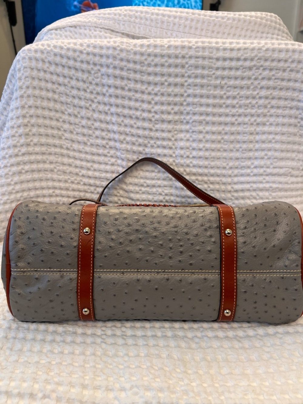 Dooney & Bourke Ostrich Embossed Satchel Gray Tassel Bag Brown Trim Gold Hardwar - Picture 11 of 16